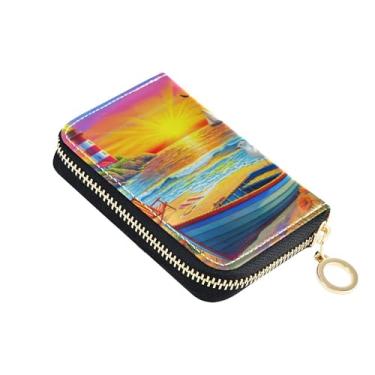 Imagem de Carteira com porta-cartões fofa, bloqueio de RFID, zíper ao redor, carteira feminina, pequena, masculina, com bolso para moedas, aquarela, litoral, azul marinho