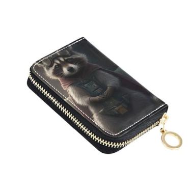 Imagem de Carteira feminina fofa de couro guaxinim marrom porta-cartão de crédito com bloqueio de RFID colorido zíper carteira de viagem com chaveiro