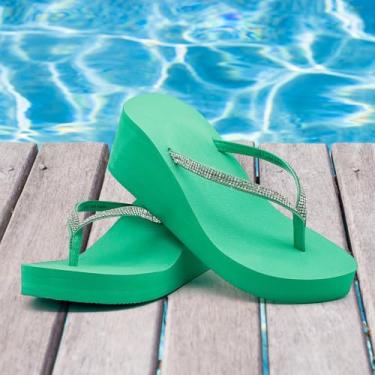 Imagem de Sandálias femininas com strass, chinelos, plataforma, chinelos de cunha, sapatos de casamento, caminhada na praia, Verde, 35