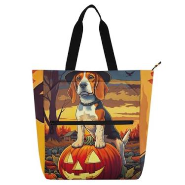 Imagem de GAIGEO Bolsa feminina Beagle Pumpkin Halloween outono para trabalho lona praia livro bolsa zíper presente de viagem para amantes de livros bolsas