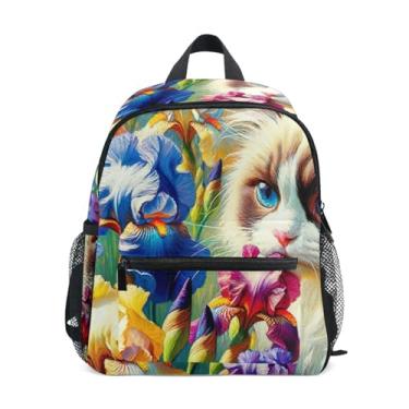 Imagem de GAIGEO Ragdoll Cat Irises Flowers Mini Kids Backpack with Whistle, 2 Bottle Pockets, Lightweight, Baby Backpack for Daycare 10x4x12 In, for Ages 3-8