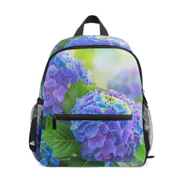Imagem de GAIGEO Hydrangea Flower Small Backpack for Kids 10x4x12 In, Boys Kindergarten Backpack with Water Bottle Pockets, Whistle Buckle
