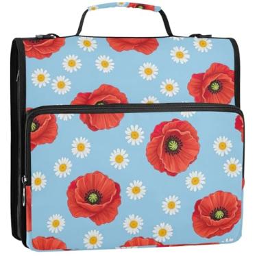 Imagem de 3 fichários de 3 anéis, margaridas vermelhas, margaridas, amarelo e azul, organizador com zíper, bolsa de fichário para ensino médio com alça, portfólio e estojo colorido, 34,5 x 31,5 x 8,9 cm