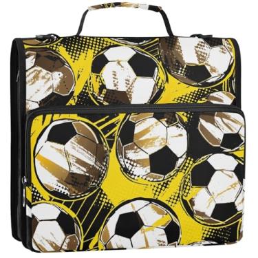 Imagem de Bolas de futebol, amarelas, pretas, fichários de 3,5 polegadas, 3 anéis, fichário com zíper, resistente, com alça, bolsa escolar profissional, portfólio e estojo, suporte de pasta de anel, 34,5 x 31,5
