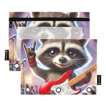 Imagem de GAIGEO Pasta de lápis com 3 anéis para sala de aula, fichário com zíper, sacos de giz de cera, bolsos transparentes, fofo, guaxinim, rocha, animal, 25 x 18 cm, 2 pacotes