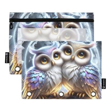 Imagem de Bolsa para lápis de trabalho, 3 anéis, fichário com zíper, bolsa para lápis, canetas, fichários escolares, bolsos transparentes, coruja fofa, pássaros do amor, 25 x 18 cm, 2 pacotes