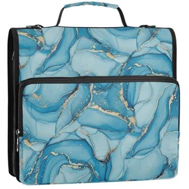 Imagem de Organizador de fichário grande com zíper, fichários de 3,5 cm, 3 anéis, pasta de armazenamento de mármore azul resistente com alça para guardar pasta com alça para escola, 34,5 x 31,5 x 9 cm
