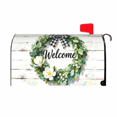Imagem de Capas de caixa de correio Spring Welcome tamanho padrão magnético, folha de eucalipto, floral, xadrez, laço, madeira, verão, sazonal, exterior, decorativa, caixa de correio para decoração de casa