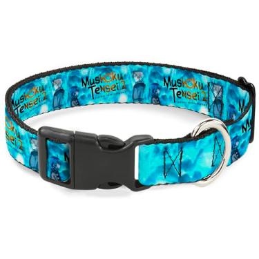 Imagem de Coleira para animais de estimação Crunchyroll, fivela de plástico para coleira de cachorro, pose Mushoku Tensei Rudeus e Roxy e logotipo do título azuis, 28 a 41 cm de largura