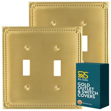 Imagem de Rio Salto Sunken Pearls Metal Vibrante Ouro Amarelo Duplo Interruptor de Luz Tampa Decorativa de Metal Tampa de Tomada Placa de Parede Interruptor Elétrico (2 Interruptores de Gang, Pacote com 2)