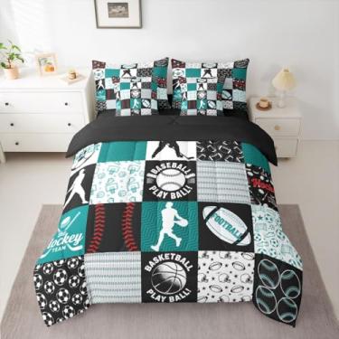 Imagem de Feelyou Conjunto de edredom de futebol americano, beisebol, futebol, solteiro, 7 peças, para meninos, esportes, presente em uma bolsa com edredom, lençóis, fronha, capa de almofada, basquete, hóquei