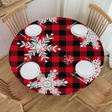 Imagem de OHIKUETY Toalha de mesa redonda com textura quadriculada com elástico – Toalha de mesa redonda de plástico de vinil | Capa de mesa à prova d'água para pátio | Serve para 101 a 114 cm M