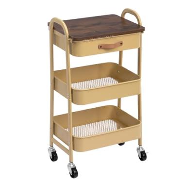 Imagem de AGTEK Carrinho de rodinhas com gaveta, organizador utilitário de metal móvel de 3 camadas com placa de madeira, carrinho de carrinho móvel para casa e escritório, cáqui