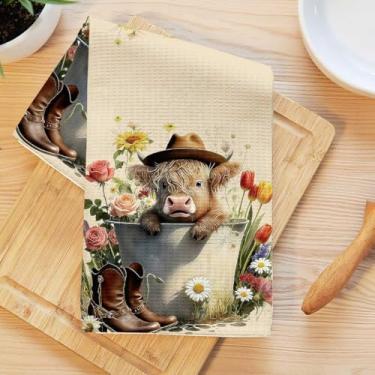 Imagem de Toalhas de cozinha de vaca rústicas, flor artística decorativa absorvente pano de prato de microfibra toalha de chá, toalhas de mão macias de waffle para casa de fazenda, casa de banho, presentes de