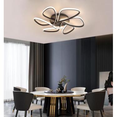 Imagem de Luminária de teto LED com controle remoto, moderna e dimerizável, com estrutura metálica embutida, ideal para salas de estar, quartos, salas de jantar e escritórios (preta, 55 cm).