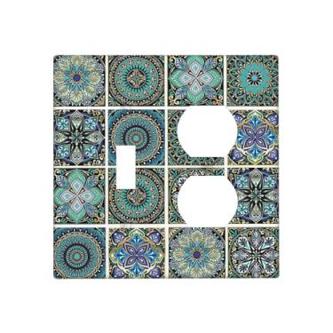 Imagem de Naiqadnehz Placas de parede mandala decorativa rústica vintage padrão turquesa 1 interruptor duplex placa elétrica GFCI capas decorativas para interruptor de luz para quarto e banheiro