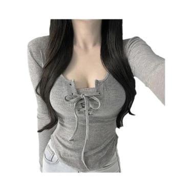 Imagem de Camisetas Femininas Slim De Manga Longa, Tops Cropped Com Renda Corean
