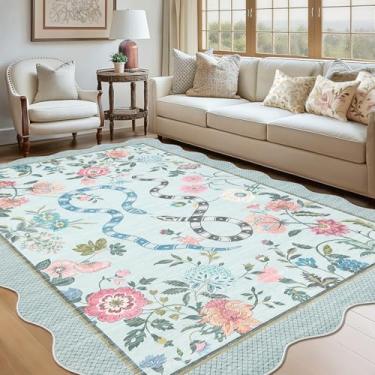 Imagem de GarveeHome Tapete lavável 22 x 30 cm para sala de estar moderno jardim flor recortado tapete azul floral dormitório casa tapete antiderrapante baixa estampa animal grande tapete de área de cobra para