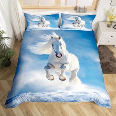 Imagem de Feelyou Jogo de cama infantil casal cavalo galopando, capa de edredom animal selvagem meninos meninas céu azul adolescentes capa de cama decoração de quarto 3 peças zíper (sem edredom)