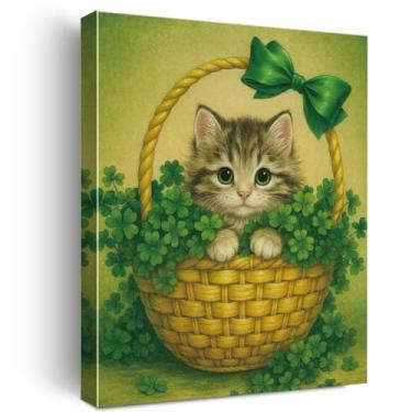 Imagem de Arte de parede do Dia de São Patrício, linda imagem de gato trevo impressão em tela, pintura de pôster emoldurado, trevo irlandês, decoração de arte para casa, quarto, sala de estar, 20 x 25 cm