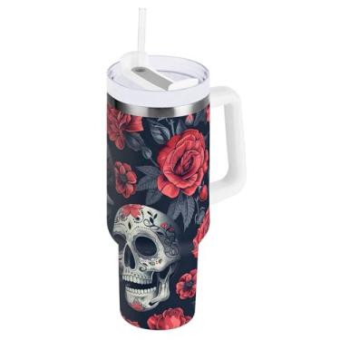 Imagem de SEHANY Copo de caveira e rosas de 1,18 l com alça, copo isolado de aço inoxidável a vácuo de parede dupla, à prova de vazamento, caneca de café isolada para viagem cabe no suporte de copo de carro