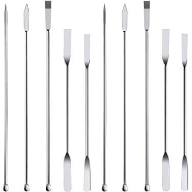 Imagem de 10 espátulas de aço inoxidável para laboratório, colher de microamostra, colher de mistura de pontas duplas, colher de medição de laboratório para pós e enchimento de tampa de gel