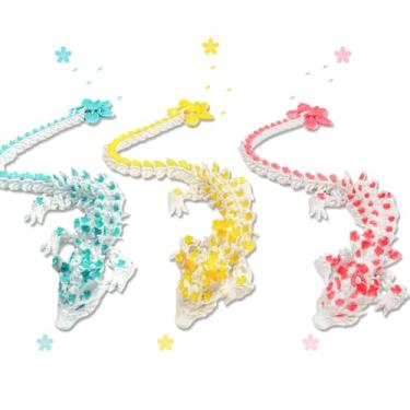 Imagem de Dragão impresso em 3D com design de flor de cerejeira - Dragões articulados rosa e branco, amarelo e branco e azul e branco, 27 cm, juntas móveis e cauda de flor de cerejeira giratória (cor clara)