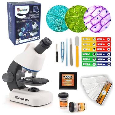 Imagem de Kit Microscópio até 40 Zomm 1200x com Lâminas Preparadas e Luz LED Embutida para Crianças 5 a 12 Anos, HYRENEE, Branco