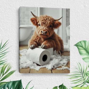 Imagem de Arte de parede em tela engraçada de vaca Highland Cow, impressão de arte emoldurada de vaca Highland, decoração de parede, humor de fazenda animal para banheiro rústico banheiro banheiro banheiro