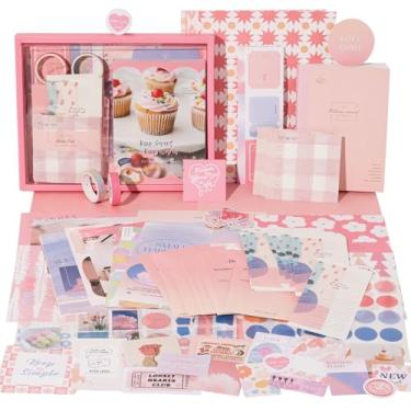 Imagem de JOYCHOIC Kit de 348 peças de suprimentos de scrapbook rosa, diário de sobremesa, materiais de scrapbook e diário, grande coleção de estética para mulheres, artigos de papelaria, artesanato, adultos