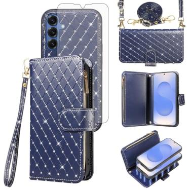 Imagem de Capa carteira compatível com Samsung Galaxy S25 Plus S25+ 5G com zíper para celular e protetor de tela, alça transversal com glitter, flip para celular S25Plus 25S + S 25 25+ SM-S936U feminino azul