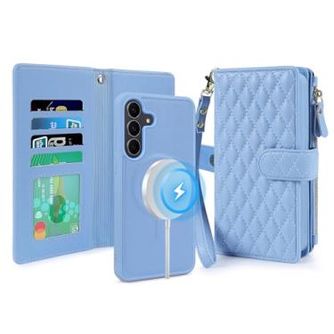 Imagem de Lacass Capa carteira para Samsung Galaxy S25 FE S25FE, compatível com MagSafe 2 em 1 capa magnética removível de couro PU com bloqueio RFID, porta-cartão, zíper, alça de pulso, azul acolchoado