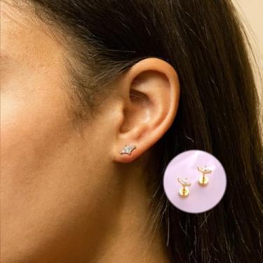 Imagem de Brincos de pino de costas planas com costas planas de prata pequenos brincos de zircônia cúbica cartilagem hélice piercing para mulheres, Cubic Zirconia 4mm, Cobre, Sem pedra preciosa