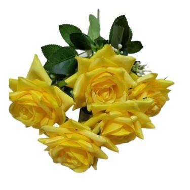 Imagem de Rosa Artificial Decorativa com 5 Flores na Ponta, Galho Realista para Arranjos e Decoração de Ambientes(Kit com 4,Amarelo)