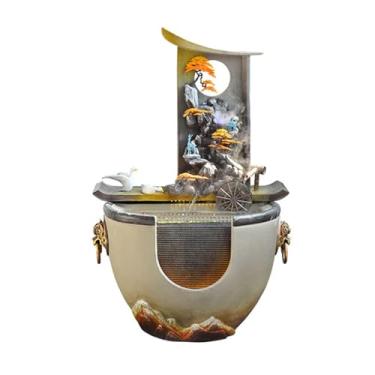 Imagem de Fonte de água chinesa independente com roda Feng Shui e lagoa de peixes, fonte decorativa, ornamentos de paisagem de água circulante, adequada para sala de estar, escritório, pátio (amarelo)