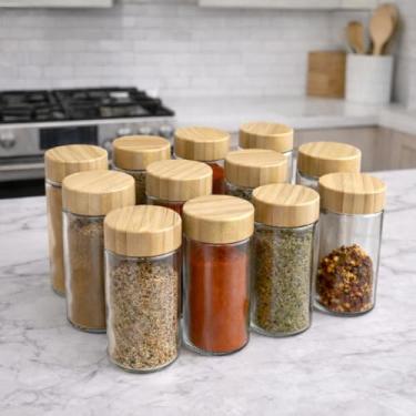 Imagem de Kit Porta Condimentos com Tampa de Bambu e Potes de Vidro Organizador de Temperos com Dosador para Cozinha (12 Potes - 90 ml)
