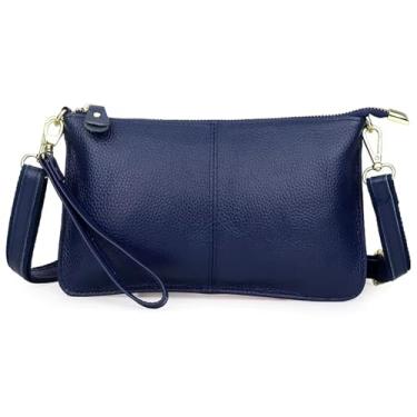 Imagem de AurexaFashion Bolsa tiracolo feminina de couro legítimo, bolsa de mão fina para cartão de crédito, bolsa clutch, #06 Azul escuro, Small 9.5" X 5.6" x 0.5", Bolsa tiracolo de couro genuíno carteira