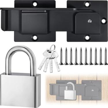 Imagem de ZZBUY Trava de porta dobrável de 19 cm com cadeado e 4 chaves, trava de porta ajustável resistente com orifício para cadeado para portões abertos deslizantes e giratórios, cerca de madeira ao ar livre