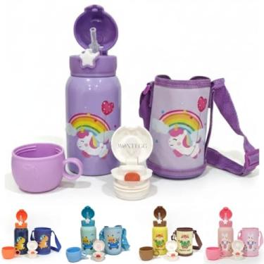 Imagem de Garrafa Térmica Infantil 500 ml Aço Inox Com Bolsa Canudo e Caneca Garrafinha Escolar Infantil (Lilas)