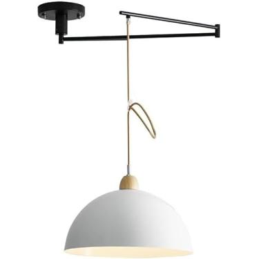 Imagem de Luminária de teto suspensa com braço articulado ajustável, estilo moderno de meados do século XX, em metal preto e branco, ideal para mesa de jantar.