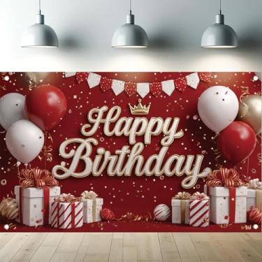 Imagem de Pano de fundo dourado vermelho com balões de 180 x 109 cm, caixas de presente, coroa de confetes, banner de festa, fotografia de fundo para decoração de aniversário, decoração de parede