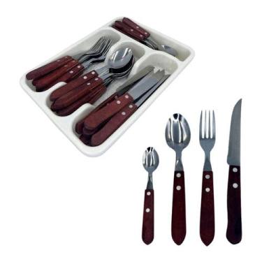 Imagem de Jogo de Talher Faqueiro Inox com Cabo Madeira e Porta Talher - Fratell