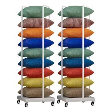 Imagem de Carrinho de armazenamento de travesseiro de metal móvel para loja de varejo, suporte organizador de almofada quadrada de chão com rodas giratórias, economia de espaço, para hotel/loja de têxteis