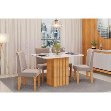 Imagem de Conjunto: Mesa Sala Jantar Canes c/ Tampo Madeirado c/ Vidro Curvo 120x90cm e 4 Cadeiras Zoe Cedro/Off White - Suede Creme - DJ Móveis