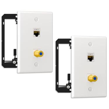 Imagem de FGB Pacote com 2 placas de parede coaxial Ethernet única com suporte de montagem, 1 porta Ethernet blindada Cat7 e 1 porta coaxial tipo F banhada a ouro, 2 portas fêmea para placa de parede Keystone