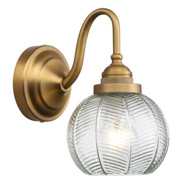 Imagem de PERMO Arandela de parede vintage com sombra de vidro nervurado transparente retro arandela dourada bronze luz de parede para banheiro loft cozinha sala de estar quarto corredor porta