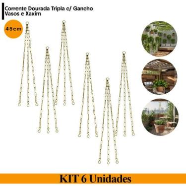 Imagem de 6 Suportes Corrente Tripla Dourada 45cm com Gancho p/ Vasos e Xaxim - 