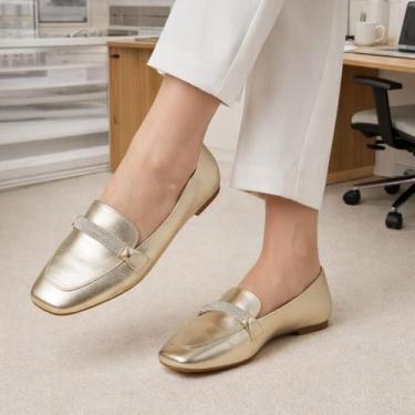 Imagem de Sapatilha Feminina Mocassim Strass Confort Bico Quadrado Ouro Light Pa