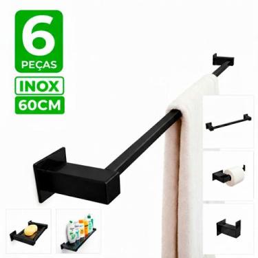 Imagem de Toalheiro Inox 60cm - Kit Acessórios Banheiro 6 Peças Preto Fosco - De