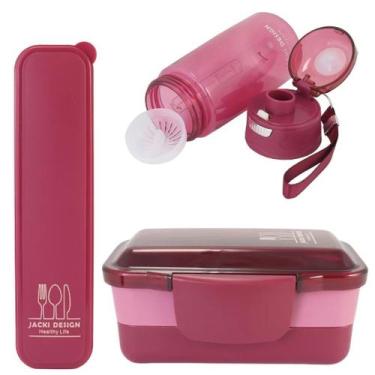 Imagem de Kit marmita com Porta Talher e Garrafa Joy vedação na tampa e no filtr